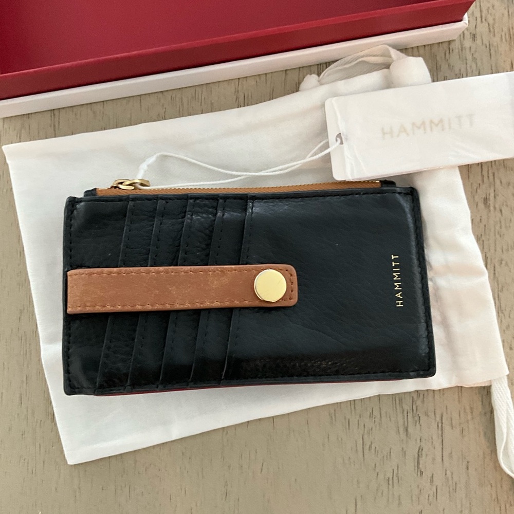 Hammitt Black Leather Card Wallet with Tan Snap Strap and Gold Hardware